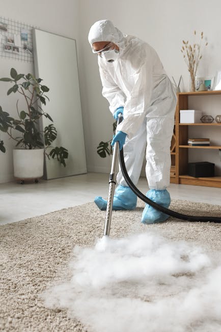 A professional cleaner from Carpet Cleaning Harrow, dressed in a white protective suit, gloves, mask, and shoe covers, is performing deep cleaning on a light beige carpet in a bright, modern living ro
