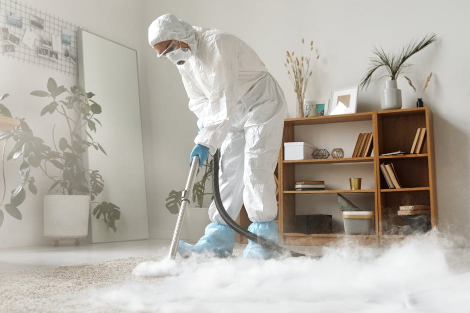 A professional cleaning technician dressed in a white protective suit, face mask, and gloves is performing surface cleaning and deep cleaning in a residential living room. The technician is using a vacuum or extraction device on a beige carpet, creating a cloud of steam or cleaning foam. The room features a wooden bookshelf with decorative items, framed pictures, and potted plants, all bathed in natural light. The clean, minimalistic space has a white wall and wooden flooring partially visible, with tidy surfaces and well-maintained furniture. Carpet Cleaning Harrow specializes in emergency stain response and same-day cleaning services, ensuring thorough sanitation of domestic spaces.